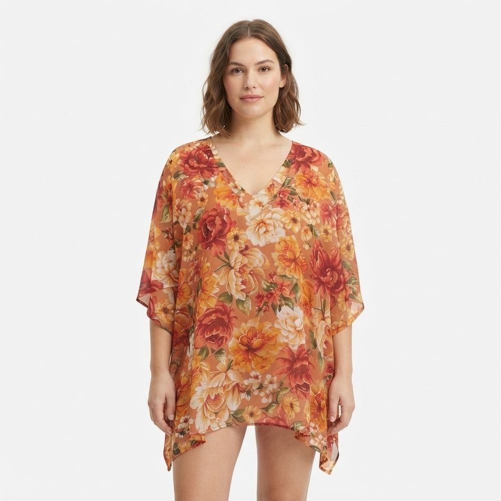 BuddyLove Floral Sheer Tunic Blouse Orange Yellow V-Neck Kaftan Top Large NWT